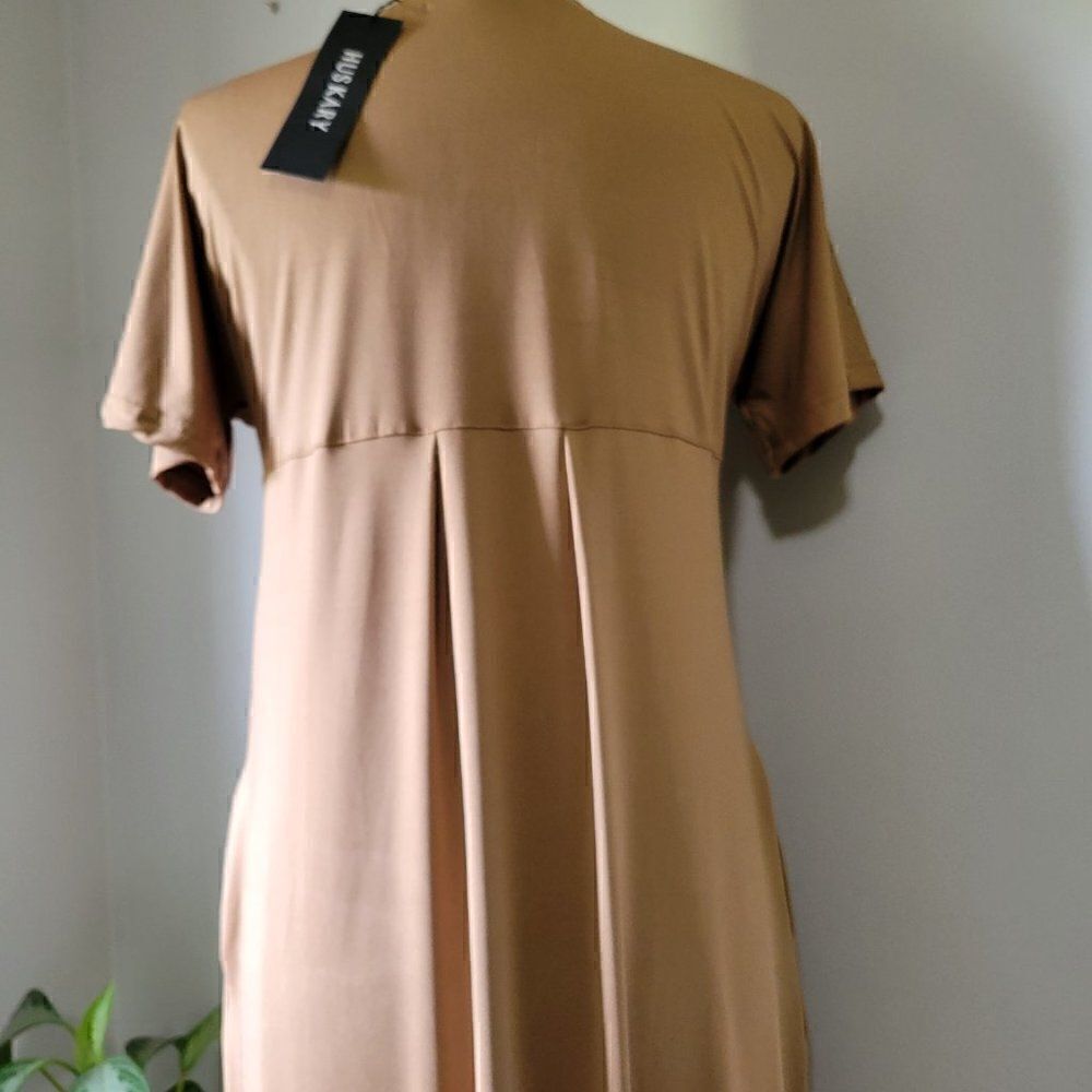 NWT HUSKARY TAN SLIT SIDE MAXI SHIRT DRESS V NECK S/M - Picture 6 of 16